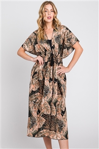 S28-1-4-MS0359-BK - TROPICAL LEAVES PRINT SELF-TIE DRAWSTRING OPEN FRONT COVER-UP-BLACK/6PCS