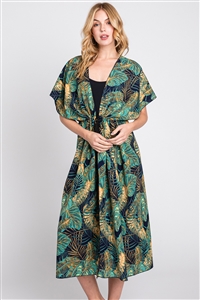 S30-1-1-MS0359-NV - TROPICAL LEAVES PRINT SELF-TIE DRAWSTRING OPEN FRONT COVER-UP
-NAVY/6PCS