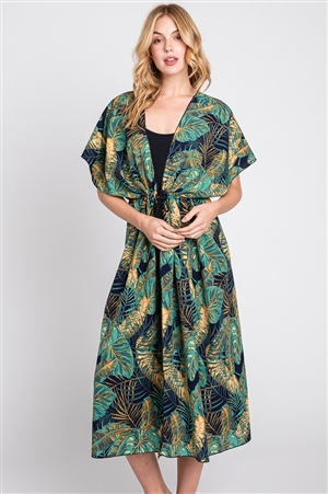 S30-1-1-MS0359-NV - TROPICAL LEAVES PRINT SELF-TIE DRAWSTRING OPEN FRONT COVER-UP
-NAVY/6PCS