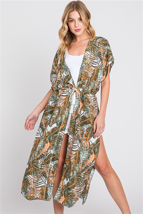 S28-1-4-MS0359-WH - TROPICAL LEAVES PRINT SELF-TIE DRAWSTRING OPEN FRONT COVER-UP-WHITE/6PCS