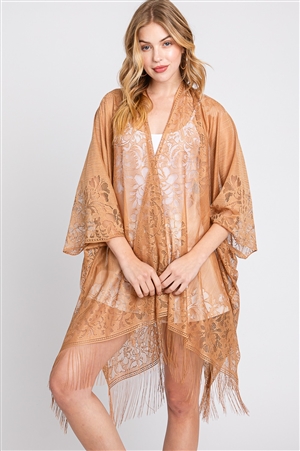 S30-1-1-MS0361-TP - FLORAL LACE KIMONO WITH TASSEL-TAUPE/6PCS