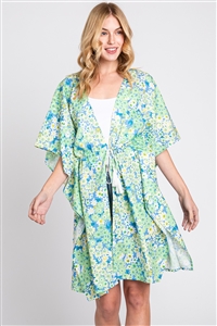 S30-1-1-MS0364-GN - FLOWER PRINT SELF-TIE DRAWSTRING OPEN FRONT COVER-UP-GREEN/6PCS