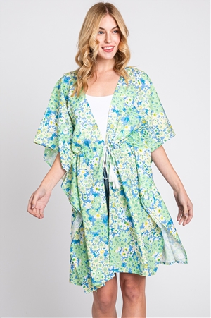 S30-1-1-MS0364-GN - FLOWER PRINT SELF-TIE DRAWSTRING OPEN FRONT COVER-UP-GREEN/6PCS