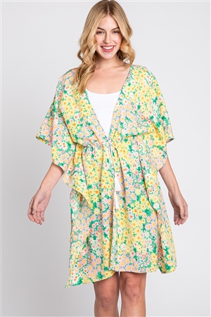 S30-1-1-MS0364-YE - FLOWER PRINT SELF-TIE DRAWSTRING OPEN FRONT COVER-UP-YELLOW/6PCS