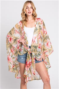 S30-1-1-MS0366-IV - TROPICAL LEAVES PRINT SHAWL COVER-UP
-IVORY/6PCS