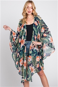 S30-1-1-MS0366-NV - TROPICAL LEAVES PRINT SHAWL COVER-UP
-NAVY/6PCS