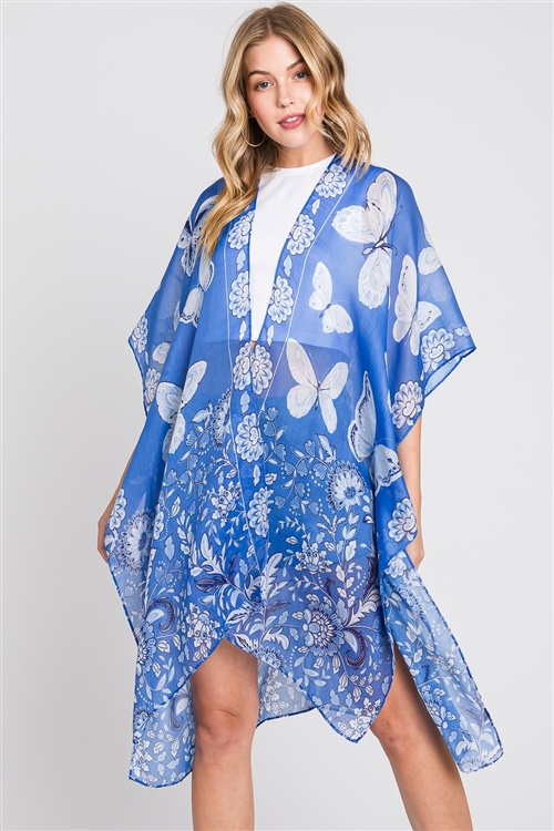 S30-1-1-MS0370-BL - BUTTERFLY AND FLOWER PRINT KIMONO-BLUE/6PCS