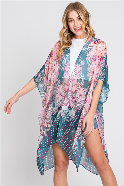 S30-1-1-MS0372-TL - ABSTRACT PAISLEY FLOWER PRINT KIMONO-TEAL/6PCS