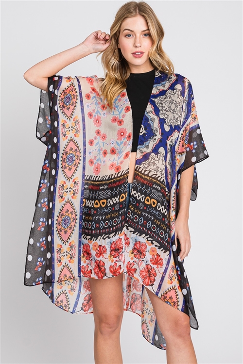 S30-1-1-MS0373-BK - BOHO FLOWER PRINT KIMONO-BLACK/6PCS