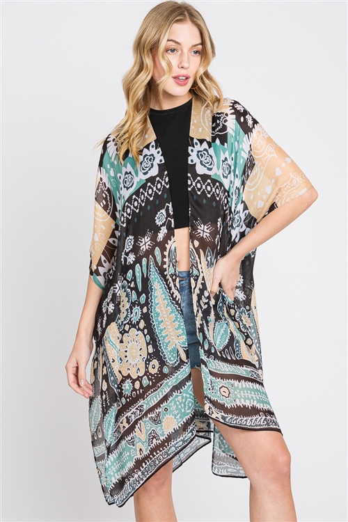 S30-1-1-MS0375-GN - GEOMETRIC BOHO PRINT KIMONO-GREEN/6PCS