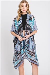 S30-1-1-MS0375-TL - GEOMETRIC BOHO PRINT KIMONO-TEAL/6PCS