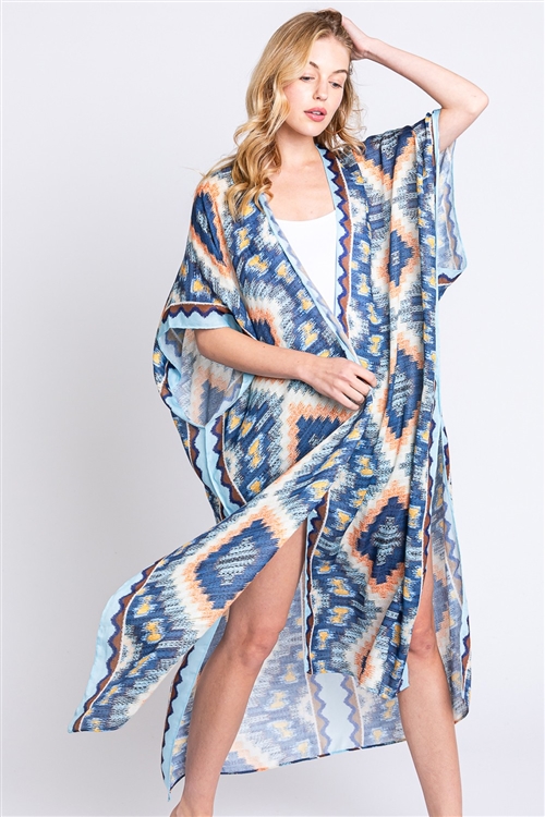 S30-1-1-MS0387-BL - AZTEC PRINT OPEN FRONT LONG KIMONO-BLUE/6PCS