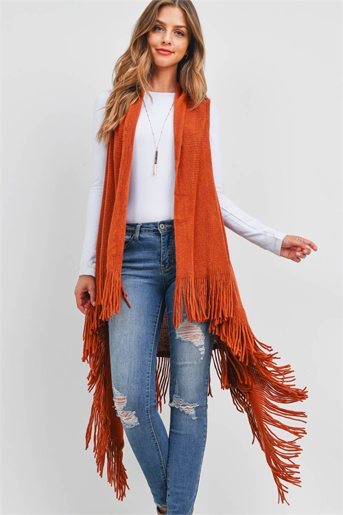 S30-1-1-MSV0006CL - SOLID FRINGE KNIT VEST CLAY /6PCS