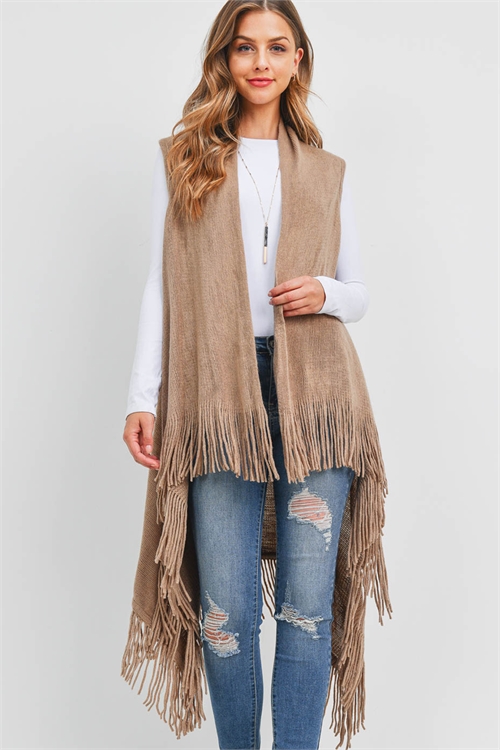 S30-1-1-MSV0006TP - SOLID FRINGE KNIT VEST TAUPE  /6PCS