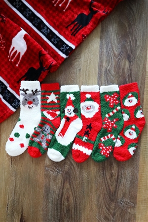 S30-1-1-SS1002-XMAS - CHRISTMAS FUZZY SOCKS SET 12PAIRS ( 6 DESIGN 2 PAIRS EACH )-CHRISTMAS/12PCS