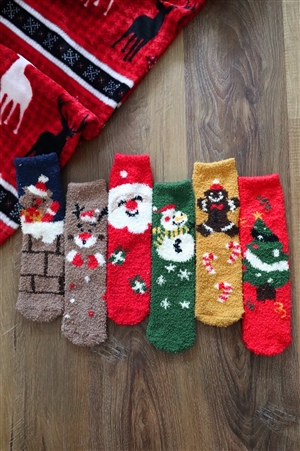 S30-1-1-SS1004-XMAS - CHRISTMAS FUZZY SOCKS SET 12PAIRS ( 6 DESIGN 2 PAIRS EACH )-CHRISTMAS/12PCS