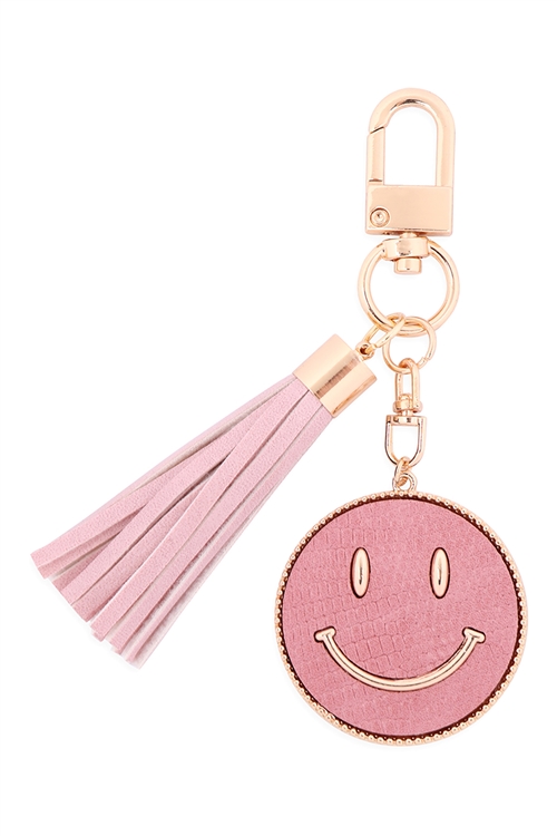 S19-9-3-MK517-1PINK - SMILEY LEATHER W/ TASSEL KEYCHAIN/6PCS