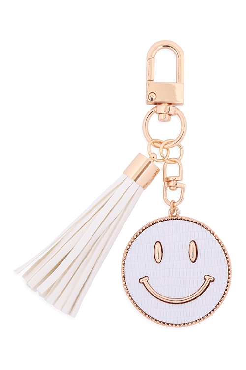 S19-9-3-MK517-1WHITE - SMILEY LEATHER W/ TASSEL KEYCHAIN/6PCS