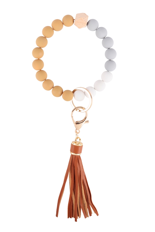 S17-3-2-MK588BRW - WOOD BEAD MULTICOLOR TASSEL WRISTLET KEYCHAIN - BROWN/6PCS