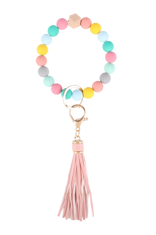 S17-3-2-MK588MUL - WOOD BEAD MULTICOLOR TASSEL WRISTLET KEYCHAIN - PINK/6PCS