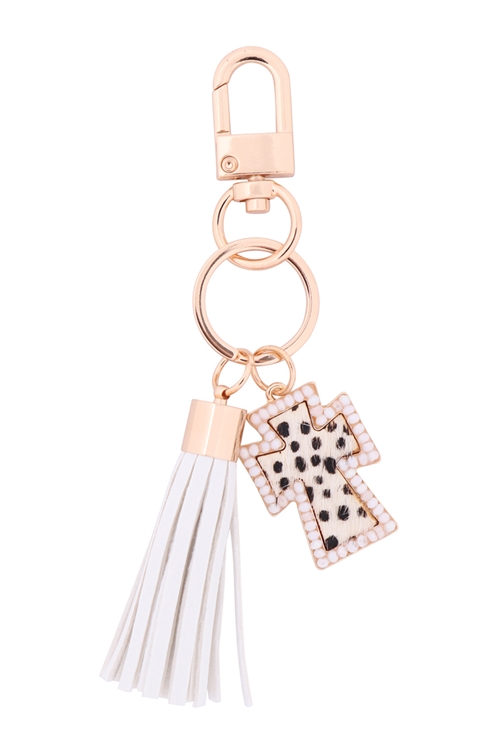 S19-8-3-MK594WHT - CROSS CHEETAH GENUINE LEATHER TASSEL KEYCHAIN  - WHITE/6PCS