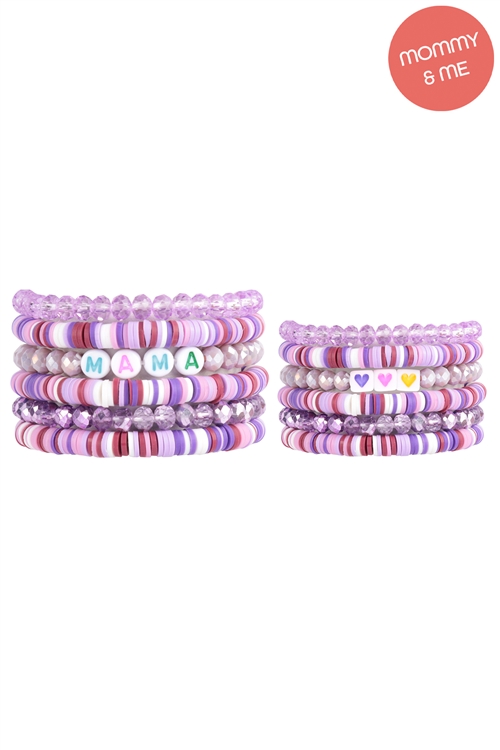 S21-12-1-MMB3766LV - "MAMA" & "ME" FIMO GLASS BEADS STACKABLE STRETCH BRACELET SET-LAVENDER/12PCS