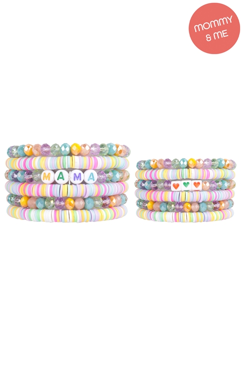 S22-12-1-MMB3766PMT - "MAMA" & "ME" FIMO GLASS BEADS STACKABLE STRETCH BRACELET SET-LIGHT MULTICOLOR/12PCS