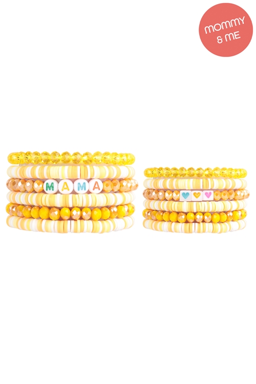 S21-12-1-MMB3766YW - "MAMA" & "ME" FIMO GLASS BEADS STACKABLE STRETCH BRACELET SET-YELLOW/12PCS