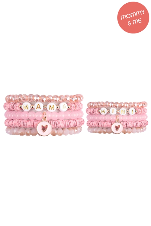 S18-10-1-MMB3768PK - "MAMA" & "ME" FIMO GLASS BEADS W/ HEART PENDANT STACKABLE 5 LINES BRACELET SET-PINK/12PCS