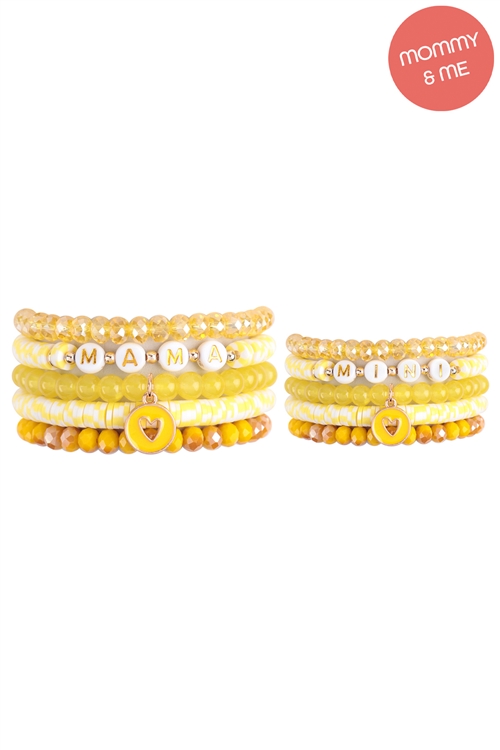 S18-10-1-MMB3768YW - "MAMA" & "ME" FIMO GLASS BEADS W/ HEART PENDANT STACKABLE  BRACELET SET-YELLOW/12PCS