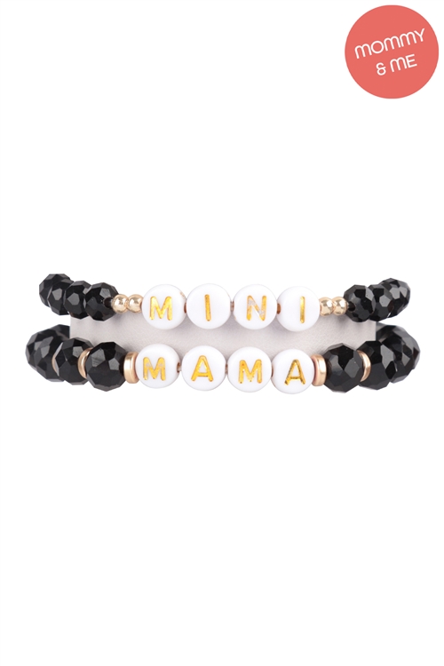 S29-7-1-MMB3770BK - "MAMA" & "ME" GLASS BEADS STRETCH BRACELET-BLACK/6PCS