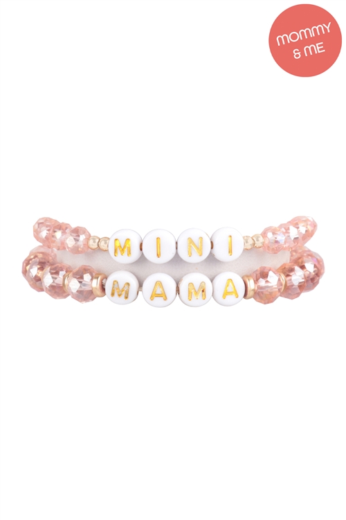 S24-8-4-MMB3770PK - "MAMA" & "ME" GLASS BEADS STRETCH BRACELET-PINK/6PCS