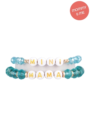 S24-8-4-MMB3770TQ - "MAMA" & "ME" GLASS BEADS STRETCH BRACELET-TURQUOISE/6PCS