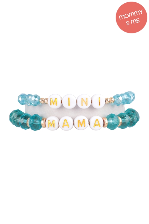 S24-8-4-MMB3770TQ - "MAMA" & "ME" GLASS BEADS STRETCH BRACELET-TURQUOISE/6PCS