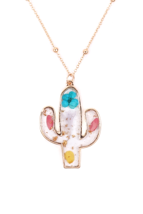 S1-7-4-MN1533GDMT - DRIED FLOWER CACTUS RESIN PENDANT NECKLACE-GOLD MULTICOLOR/6PCS