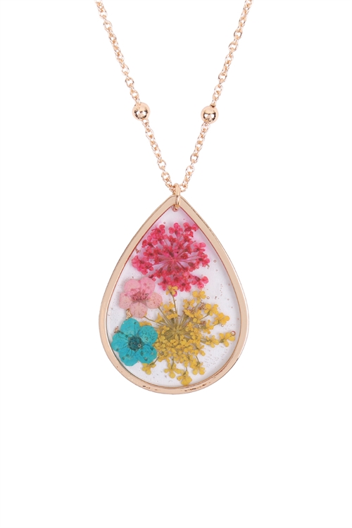 S1-3-4-MN1538GDYELPK - FLOWER TEARDROP PENDANT NECKLACE - YELLOW PINK/6PCS