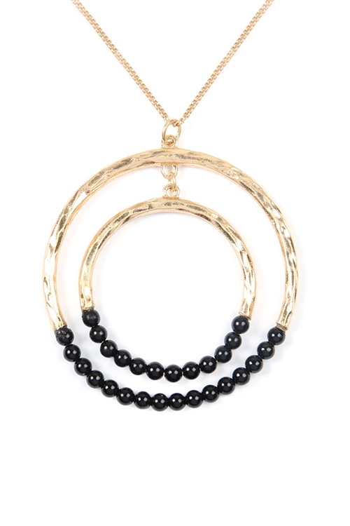 S6-6-2-MN3040JET- STONE BEADED DOUBLE HOOP PENDANT NECKLACE - BLACK/6PCS