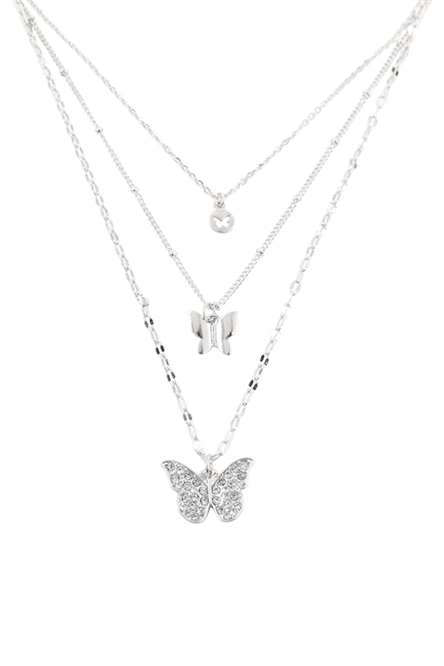 S4-4-5-MN4217RD - BUTTERFLY PAVE CUBIC ZIRCONIA PENDANT LAYERED NECKLACE SET - SILVER/1PC