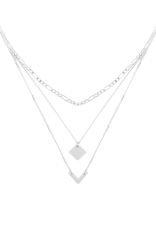 A2-2-4-MN4223WS - HAMMERED DIAMOND & V PENDANT MULTI LAYERED CHAIN NECKLACE - MATTE SILVER/1PC