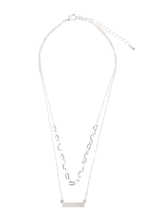 S5-4-4-MN7037RD - LAYERED BAR CHAIN NECKLACE - SILVER/6PCS