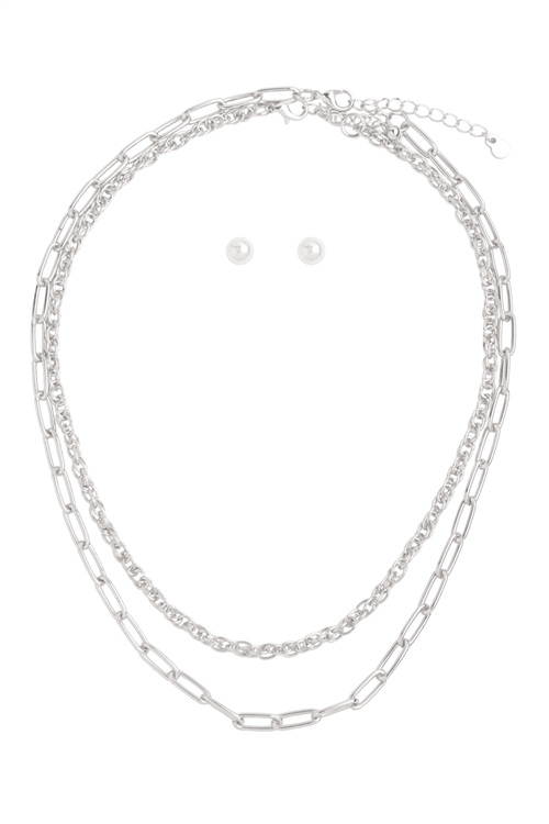 SA3-3-1-MN7074RD - MUTI CHAIN LAYERED NECKLACE AND EARRING SET-SILVER/1PC