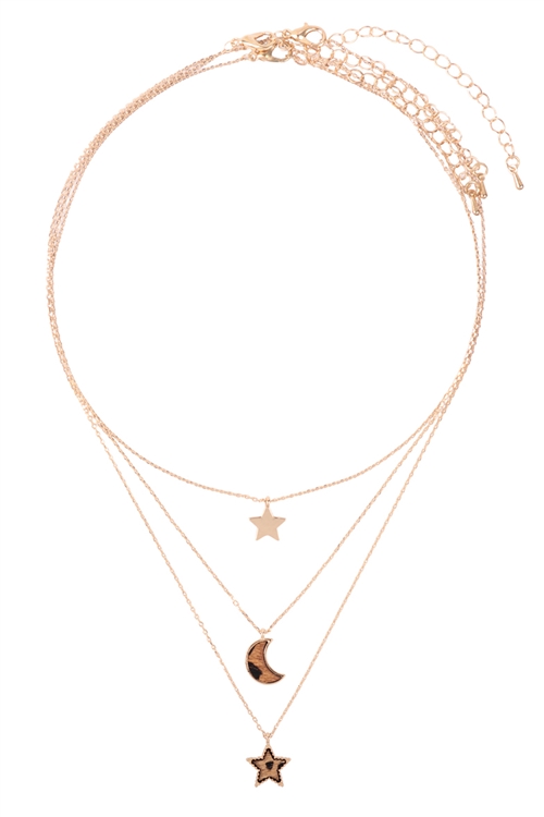 S1-5-3-MNE7542BRW - LAYERED GENUINE LEATHER STAR AND MOON NECKLACE SET - LEOPARD BROWN/6PCS