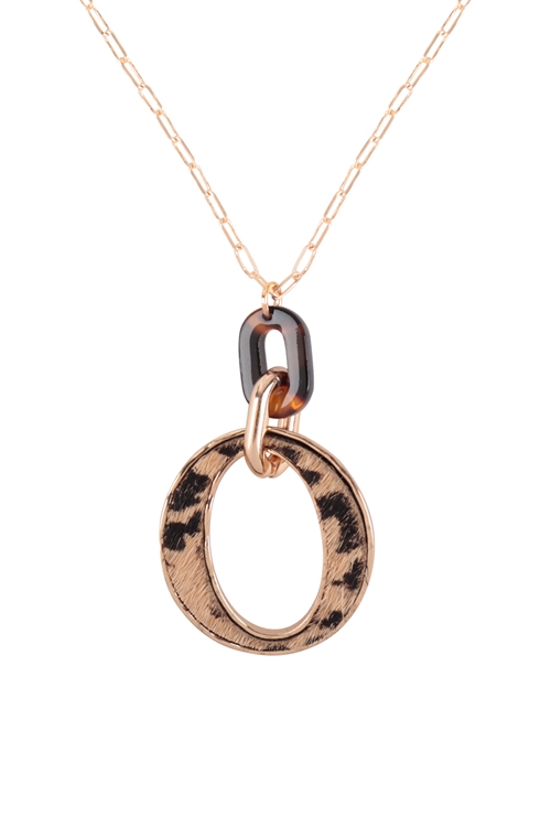 A2-3-1-MNE7815B-BRW - TORTOISE OPEN LINK ANIMAL PRINT LEATHER NECKLACE-DALMATIAN BROWN/1PC