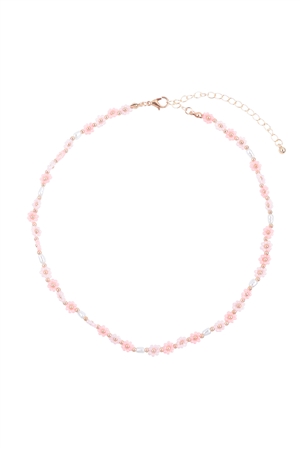 A2-1-4-MNE8489PINK - FLOWER SEED BEED STATIONARY NECKLACE-PINK/1PC