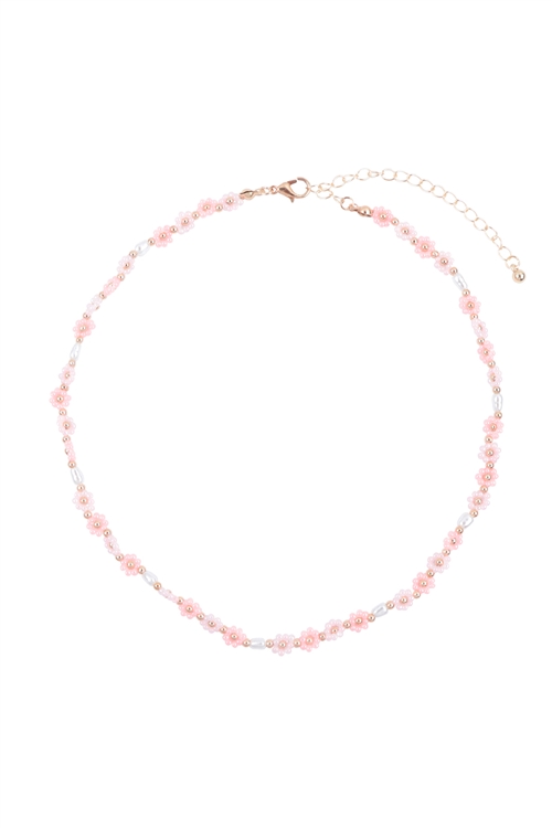 A2-1-4-MNE8489PINK - FLOWER SEED BEED STATIONARY NECKLACE-PINK/1PC