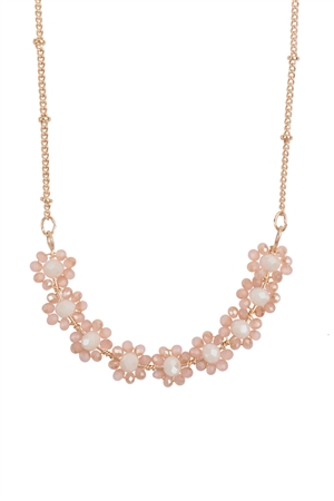 S1-2-3-MNE8495PINK - FLOWER CLUSTER GLASS BEADS  NECKLACE-PINK/1PC