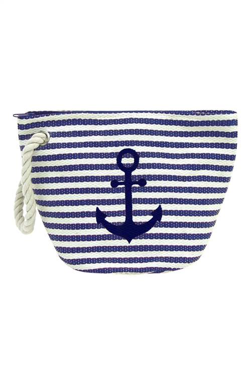 S18-10-5-MP0017NV-STRIPE ANCHOR PRINT BEACH BAG POUCH - NAVY/6PCS