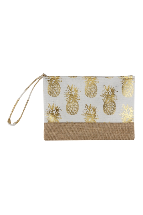 S27-8-2-MP0028WH - GOLD FOIL PINEAPPLE BEACH POUCH-WHITE/6PCS