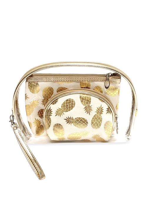 S28-9-4-MP0078WH-GOLD FOIL PINEAPPLE AND CLEAR 3PCS POUCHES - WHITE /6PCS