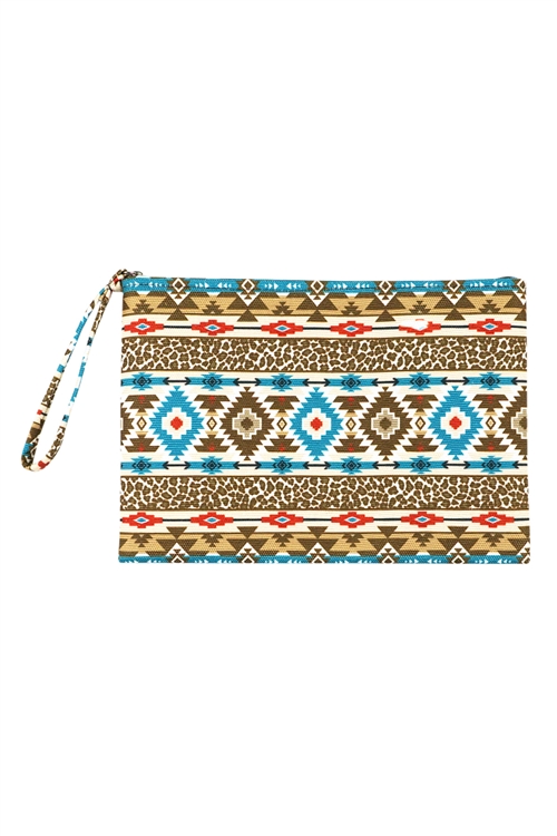 S28-7-2-MP0121BR-TQ- LEOPARD TRIBAL POUCH-BROWN TURQUOISE/6PCS